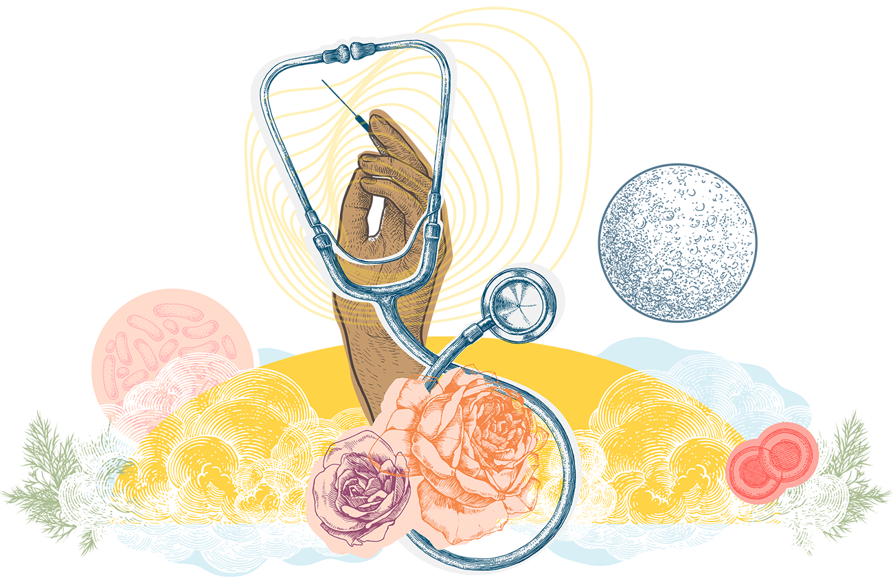 Hand holding a stethoscope surrounded by flowers and abstract cells.