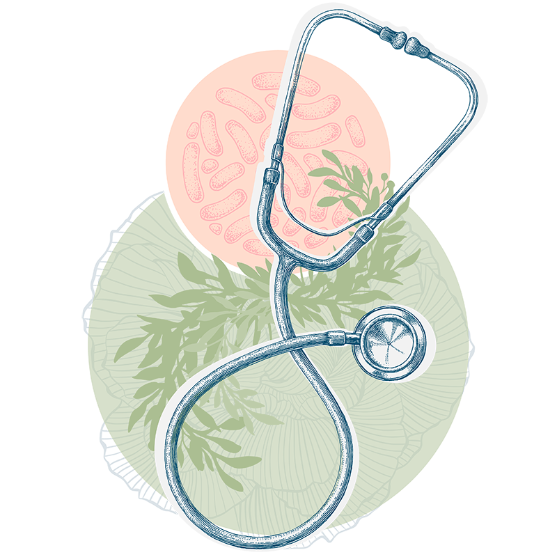 Illustration of a stethoscope with plants and abstract cells, representing naturopathic medicine.